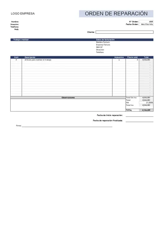 plantilla orden de trabajo taller mecanico excel