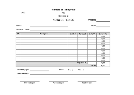 nota de pedido plantilla excel